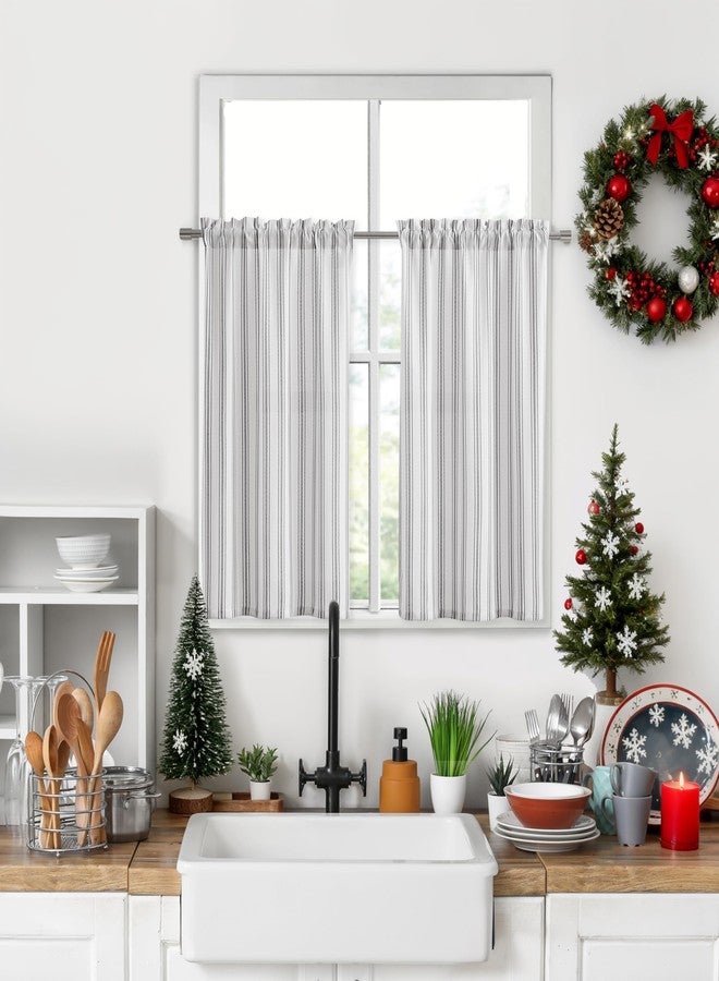 ZJDECOR Farmhouse Cafe Curtains,Black Stripes on White Cotton Blended Light Filtering Fabric,Rustic Kitchen Window Treatment,Rod Pocket Top,27" Wx36 L(Pack of 2) - Image 1